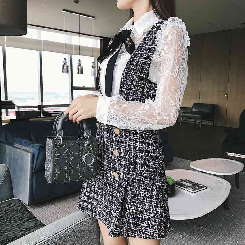 Autumn Winter 2 Piece Set Dress Women Ruffles Bow Shirt Lace Top+Double Breasted Plaid Tweed Vest 210519