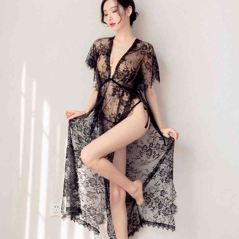 Fun underwear long split black transparent pajamas perspective lace nightdress, Black;white
Fun underwear long split black transparent pajamas perspective lace nightdress, Black;white