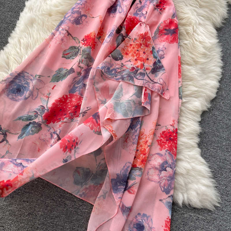 DEAT Women Printing Slin Asymmetrical Dress Square Neck Sleeveless Arrivals Lady Sexy Fashion Spring Summer 11D557 210709