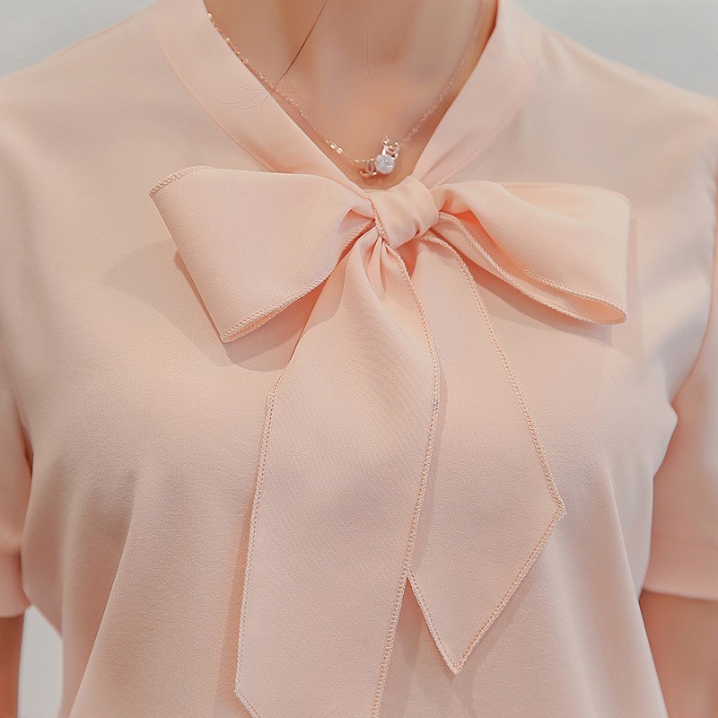 Women Summer Chiffon Blouse Short Sleeve Shirts Fashion Office Ladies Leisure Bow Causal Tops 210428