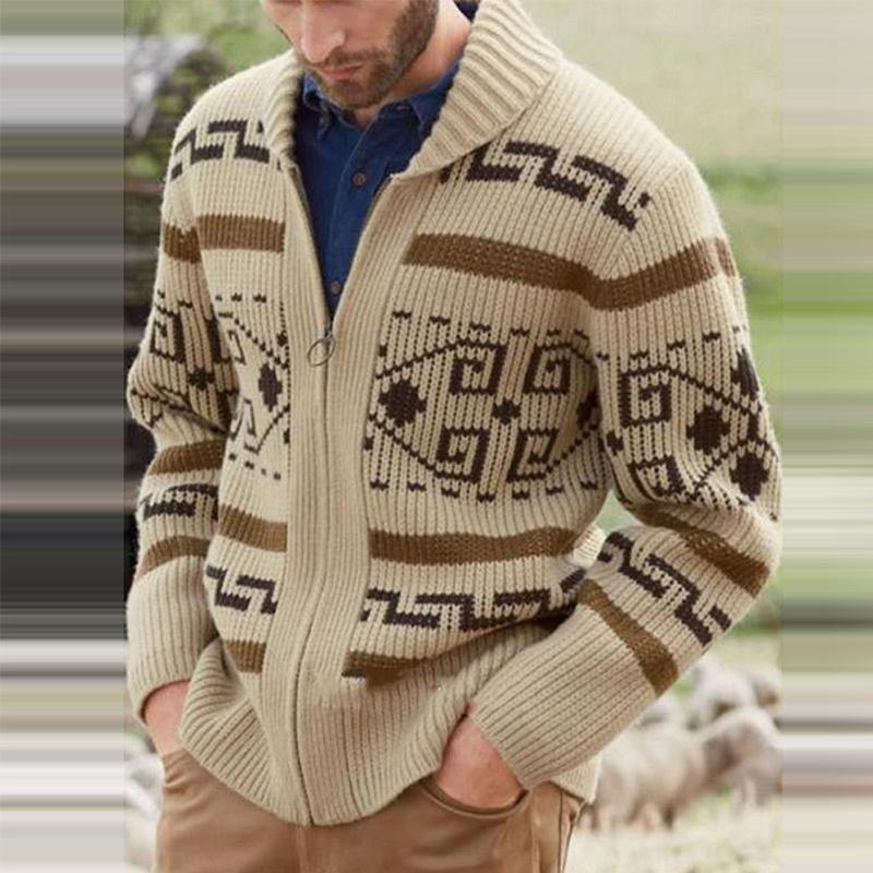 Men's Vintage Pattern Knitted Zipper Cardigan Sweater Casual Long Sleeve Autumn Winter Warm Coat B3