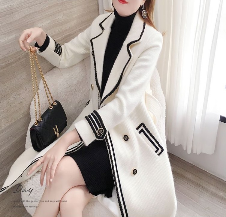 Womens Winter Wool Imitation Mink Veet Jacket, Ivory White Loose Mid-Length Thickening Coat, Double Breasted V-Neck Long Sleeve B3