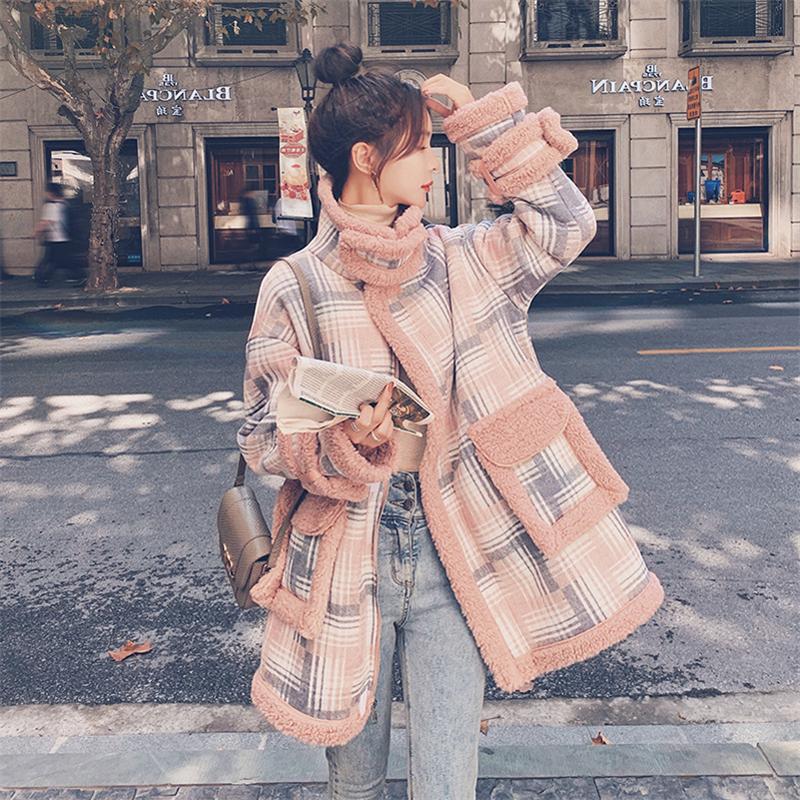 Women's Fur & Faux Winter Coat Women Casual Short Jacket Female Warm Turn-down Collar Teddy Long Sleeve Pink Plaid Outerwear Ladies Y413