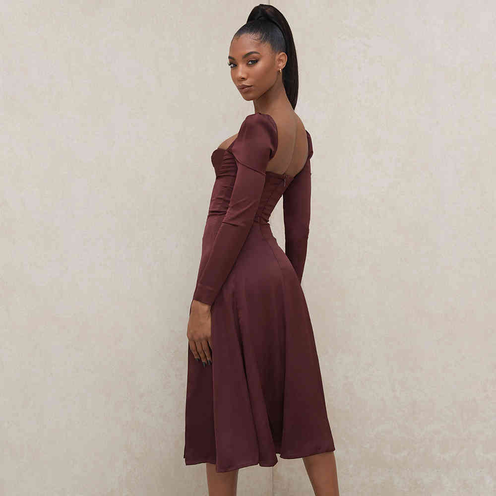 Summer Women Elegant Wine Red Midi Club Dress Sexy Long Sleeve Fashion Celebrity Evening Runway Party Lady 210423