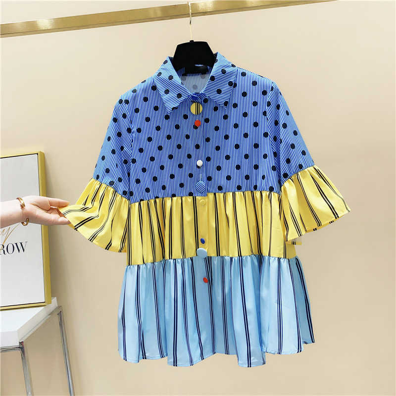 

Summer Panelled Fashion Design Women Shirts Polka Dot Spliced Striped Turn Down Collar Shirt 210615, Blue