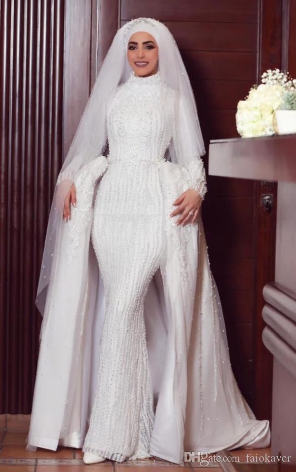 Muslim Mermaid Wedding Dresses with Detachable Train High Neck Luxury Lace Beaded Floral Long Sleeve Arabic Bridal Dress Vestidos De Novia