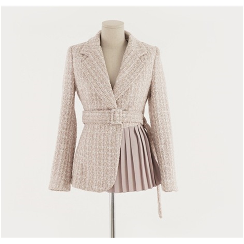 Autumn Winter Elegant Turn Down Collar Tweed Blazer Korean Women Slim Plaid Woolen Patchwork Pleated Outerwear Female With Belt 210519