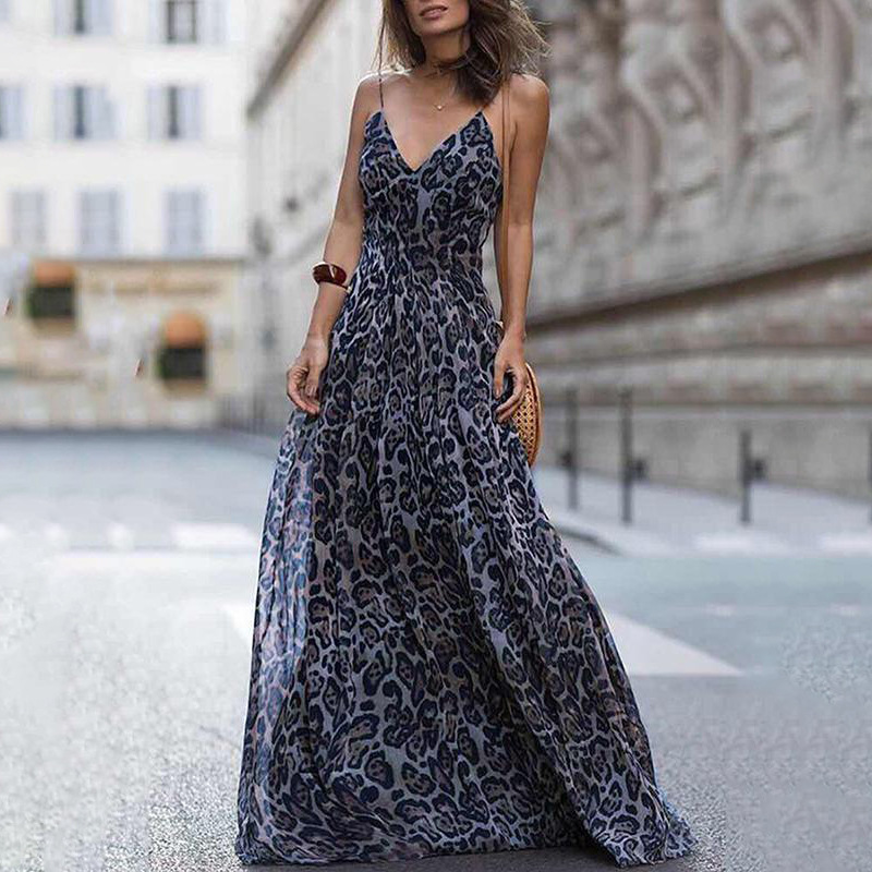 Women Dress Leopard Print Maxi es V Neck Sleeveless Backless Sexy Fashionable High Waist Summer es 210524