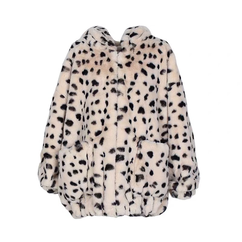 HIGH QUALITY Winter Stay Warm Oversize Hooded Large size Leopard Faux Fur Coat Casual Long sleeve Women Jacket Outwear 210429