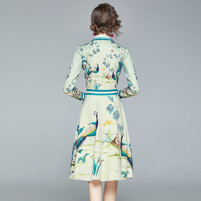 Vintage Women Turn-Down Collar Long Sleeve Party Dress Fashion Sexy Lady Elegant Slim Peacock Printed Dresses Vestidos 210525