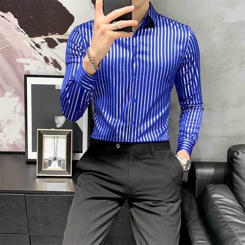 Fashion 2021 Autumn Long Sleeve Men Striped Shirts Korean Slim Fit Casual Blouse Homme Formal Wear Gentlemen Tuxedo Dress Men's
