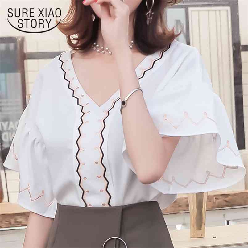 Summer flare sleeve women tops fashion woman blouses white chiffon blouse shirt blusa feminine blusas 0568 40 210506