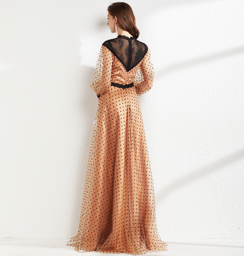 Women's Runway Dresses O Neck Long Sleeves Lace Patchwork Polka Dots Printed Elegant Maxi Floor Length Party Prom
