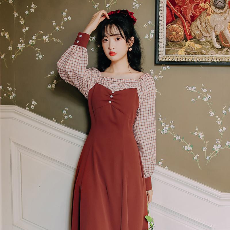 Fashion Women's Clothing Autumn Square Collar Full Plaid Vintage Dresses Women Dress Casual