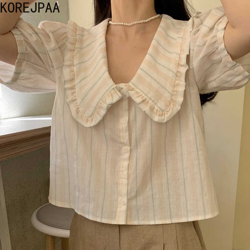 Korejpaa Women Shirt Korea Summer Gentle Elegant Doll Collar Striped Single-breasted Loose Joker Bubble Sleeve Blouse Top 210526