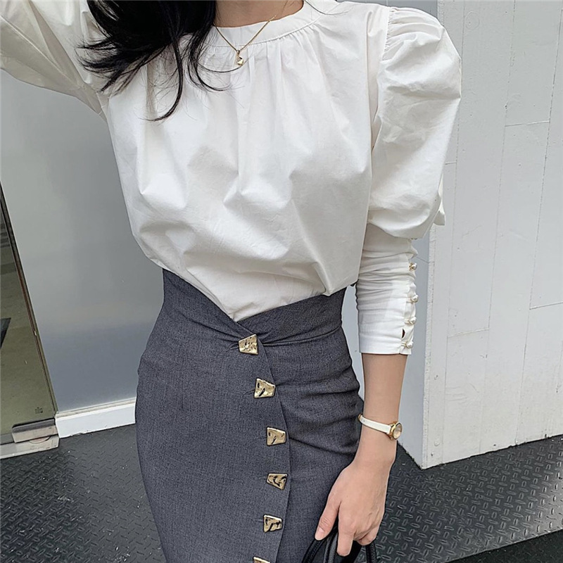 Nomikuma Causal O-neck Elegant Women Blouses Korean Buttons Puff Long Sleeve Shirt Autumn New Solid Blusas Mujer 6D204 210427