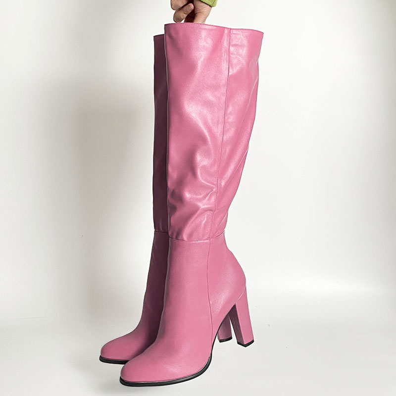 Rontic High Quality Handmade Women Winter Knee Boots Side Zipper Chunky Heels Round Toe Black Dress Shoes Plus US Size 5-20