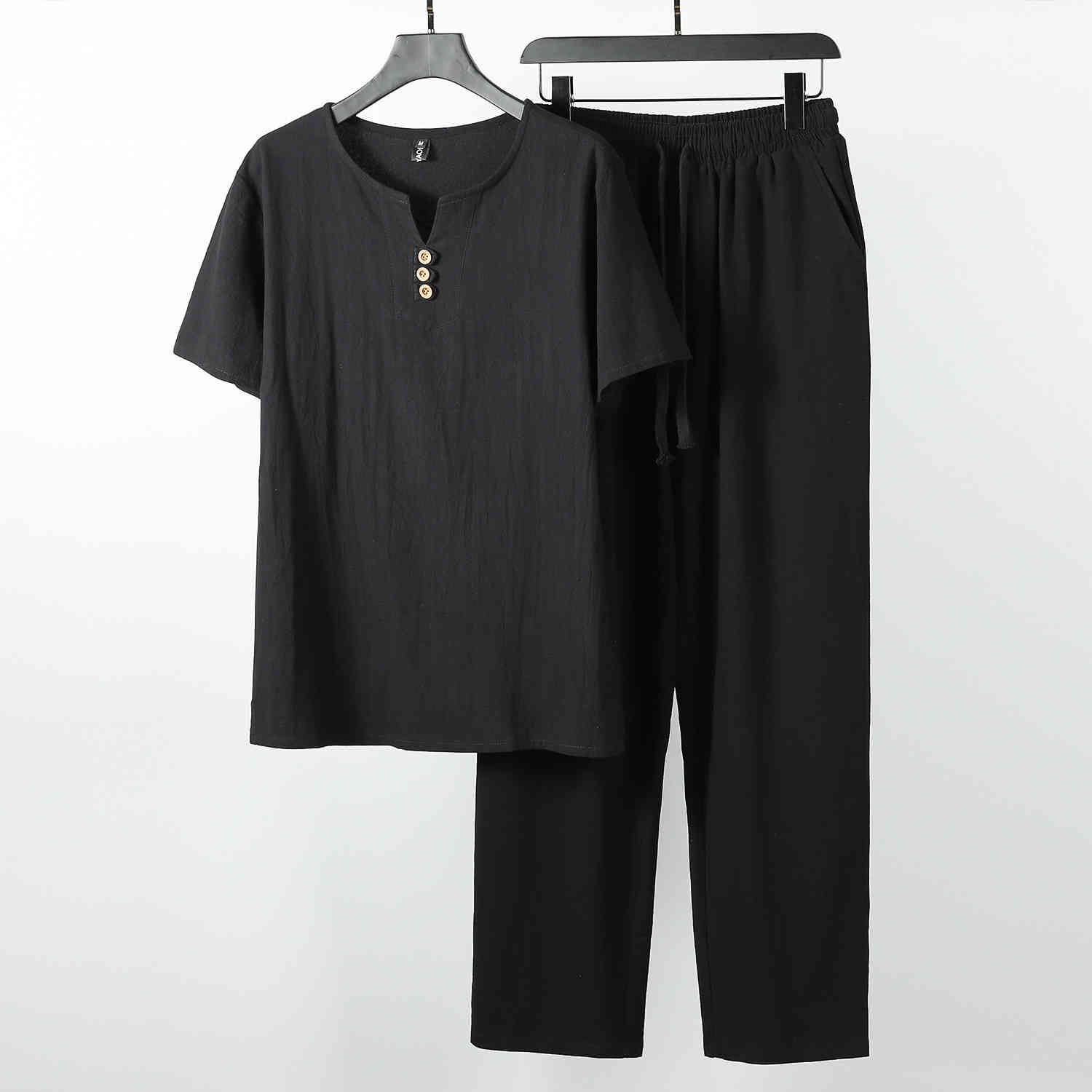 Large Size Men's Clothing Vintage Tracksuit Husband Summer White Home Suit Linen T Shirt Fashion Male Set Chinese 8XL 9XL 210518