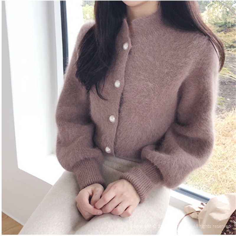 Elegant Long Sleeve Mohair Sweater Women Single-Breasted Female Short Cardigan Soft Flexible Knitted Mujer Sute 210520
