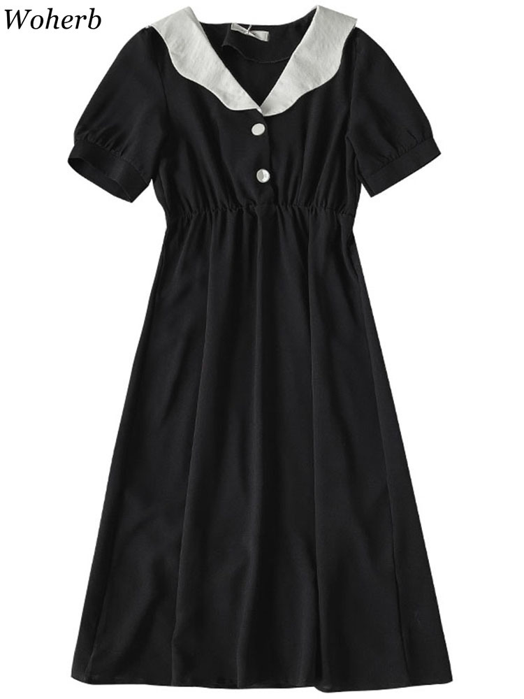 Korean Dress Women Summer Gentle Temperament Puff Sleeve Vestidos Peter Pan Collar Patchwork Preppy Style Dresses 210519