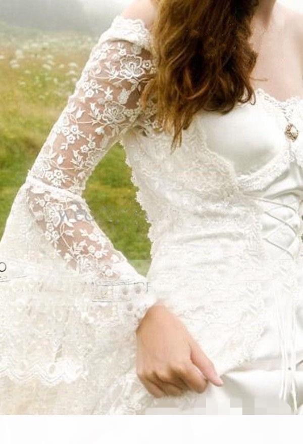 Vintage Wedding Dresses Long Poet Sleeves Lace Applique Corset Back Off the Shoulder Sweep Train Custom Made Country Bridal Gown Vestido De Novia