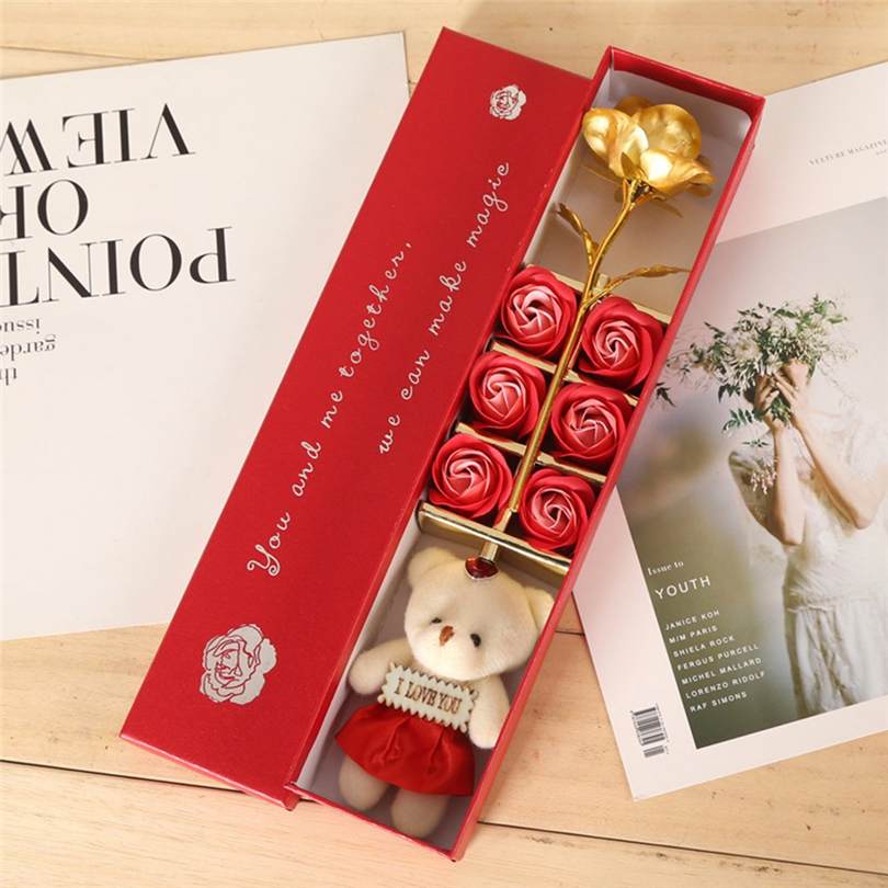 6PCS/Set 24K Gold Rose Soap Flower Valentine's Day Gift Bear Box Gift Box for Girlfriend Foil Rose Birthday Gift For Mom J50 210317