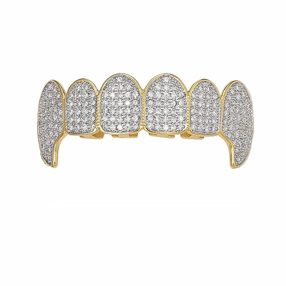 Gold Shiny ICED OUT Teeth Grillz Rhinestone Top&Bottom Grills Set Hip Hop Jewelry