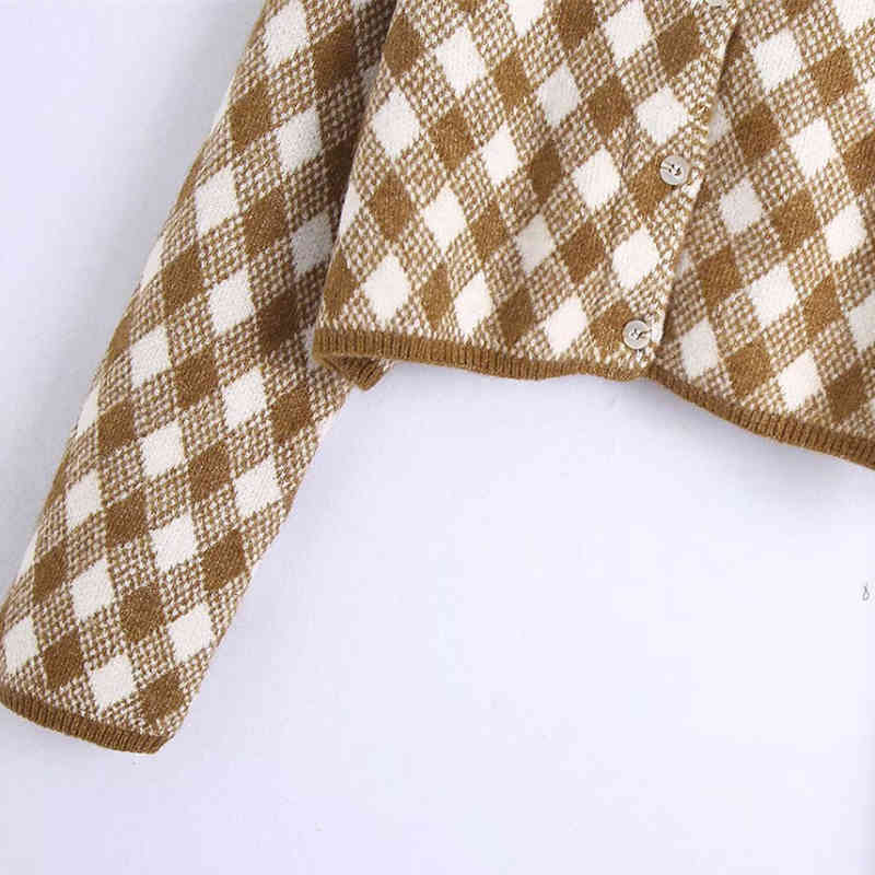 Vintage Woman Argyle Sweater Coat Fashion Ladies Autumn Oversized Knitted Jacket Female Chic Soft Outerwear 210515