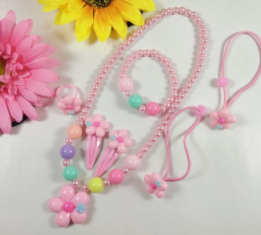 Kids gift jewelry set girl pearl beads cartoon pendants necklace bracelet ring hair clip hairband Sets Christmas Party Favor bag filler prize pink
