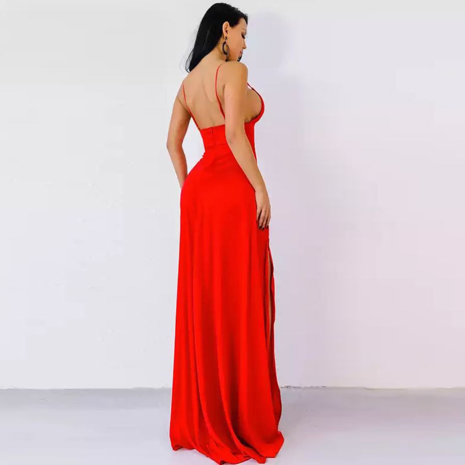 Free Women Red Long Dress Sexy V-neck Spaghetti Strap Sleeveless Split A-line Club Runway Vestidos 210524