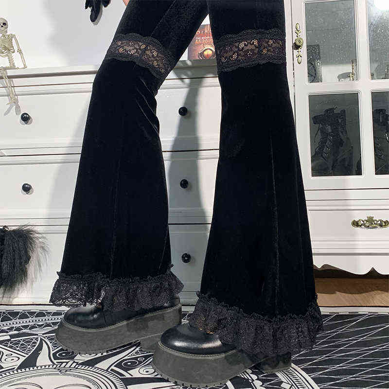 AltGirl Harajuku Punk Gothic Flare Pants Women Grunge Street Vintage Mall Goth Lace Patchwork Hollow Out Dark Black Velvet 211115