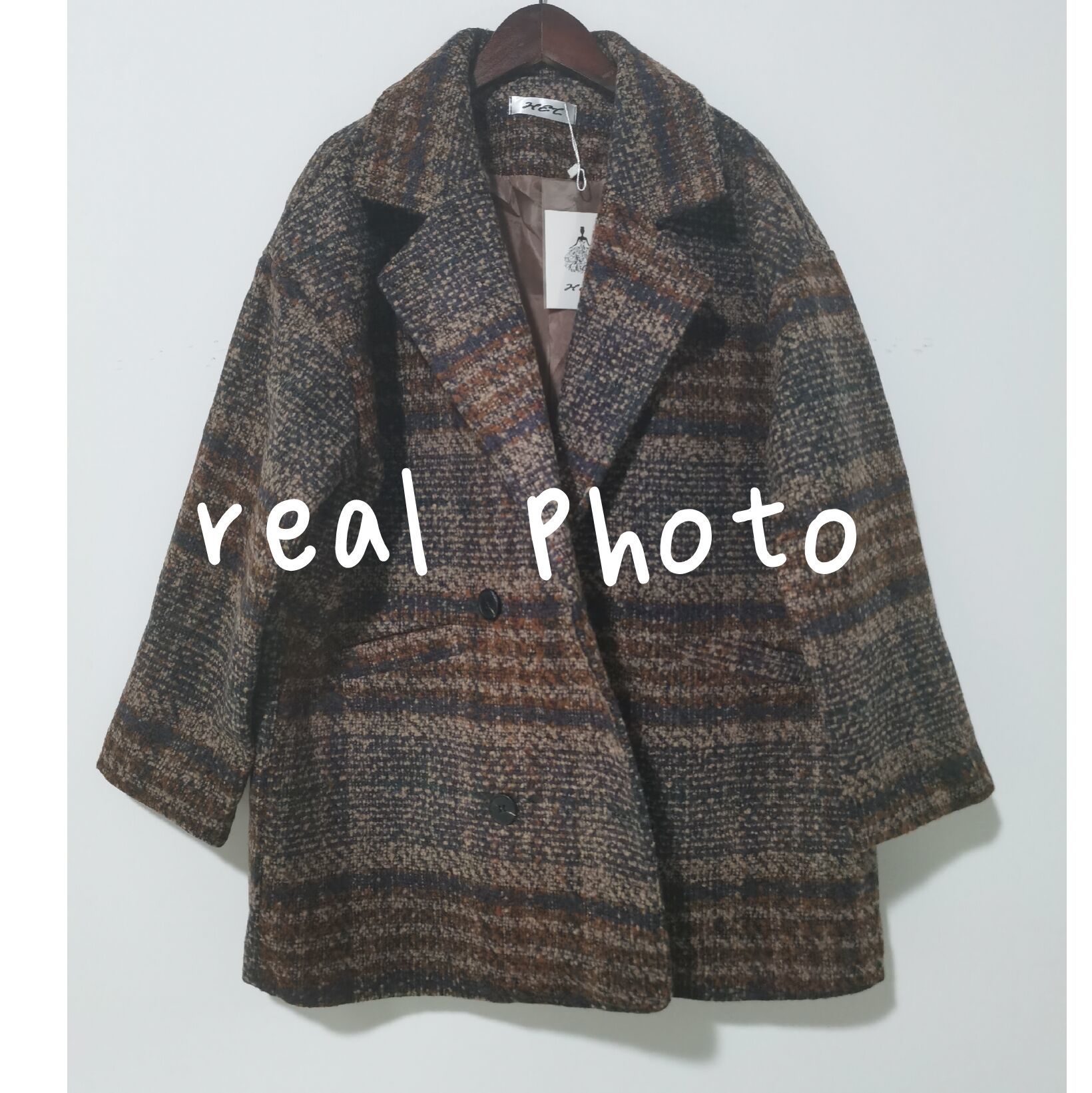 Wonder Winter Korean Overcoat Vintage Woolen Loose Coats female Double Breasted Turn-down Collar 210510