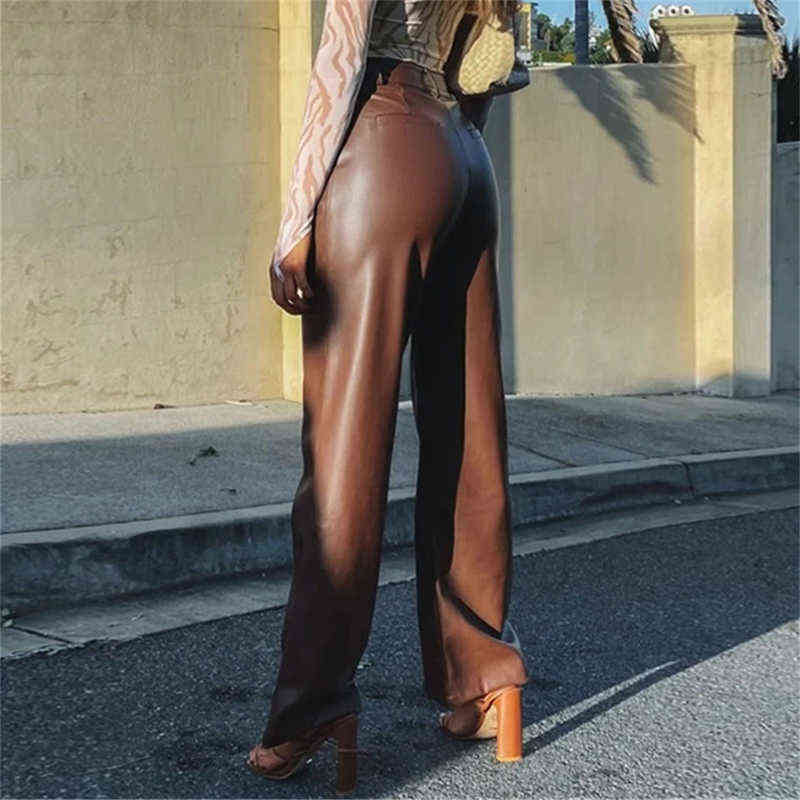 Europe High Waist Clubwear PU Leather Pants Zip Front Pockets Classic Pure Wide Legs Sexy Brown Winter Women Trousers 211115