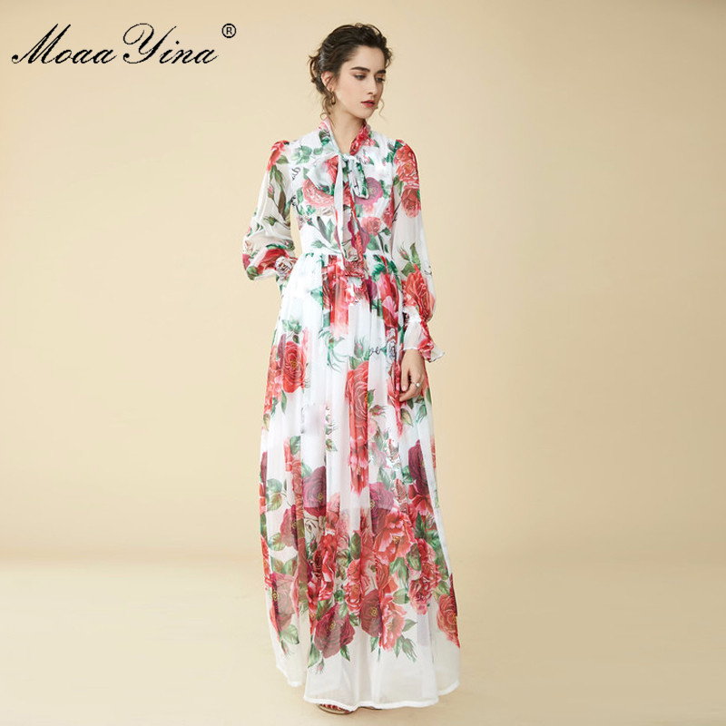 Spring Summer Maxi Dress Bow Collar rose Floral Prin Butterfly Sleeve Long Casual Holiday Bohemian Loose 210524