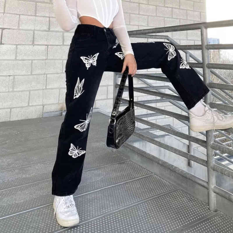 Women's Jeans Streetwear High Waist butterfly prited Vintage Straight Harajuku Denim Pants straight trousers 210524