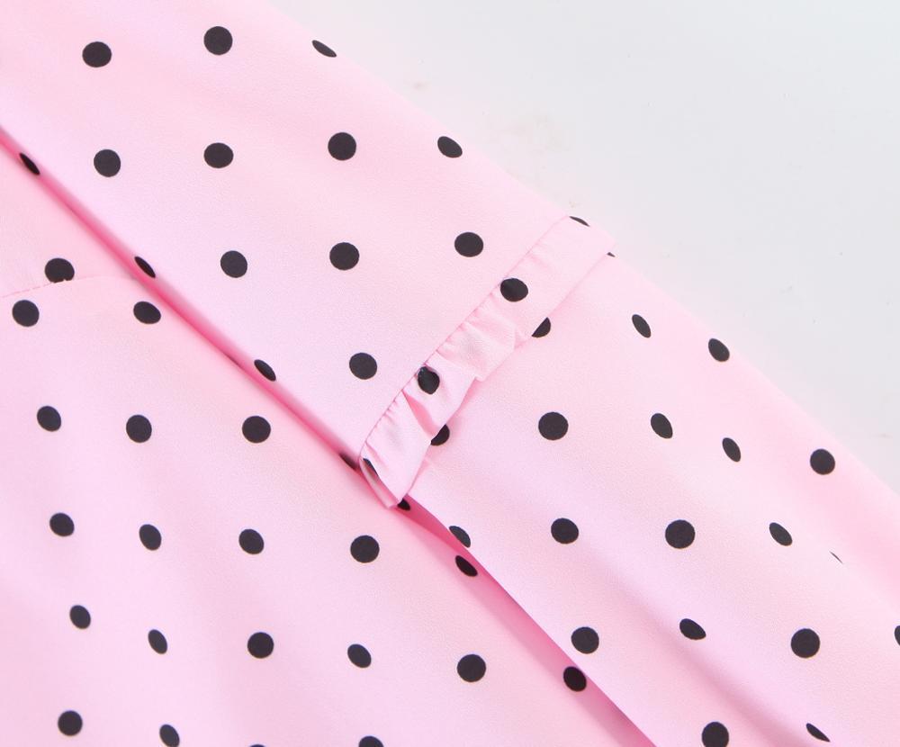 Spring Wood ear Lapel Collar Polka Dot Print Pink Long Sleeve Shirt Sweet Women Center Buttons Blouse Loose Tops 210429