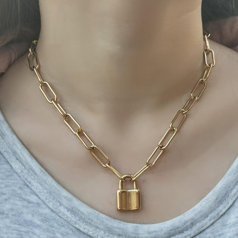 Pendant Necklaces Lock Necklace For Men Women 7mm Stainless Steel Paperclip Box Rolo Link Chain Gold Silver Color Couple Jewelry LDNM36