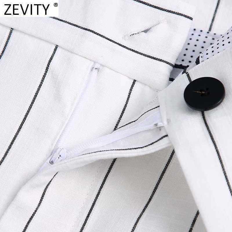 Zevity Women Vintage Striped Print Pocket Wide Leg Pants Retro Female Chic Zipper Fly Casual Slim Long Trousers P1107 210603