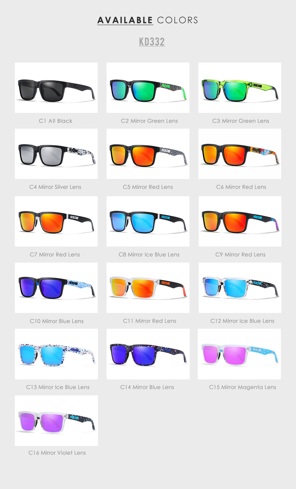 KDEAM Unisex Men Women Sport Square Polarized Sunglasses Ultralight Driving Outdoor Glasses UV400 KD332