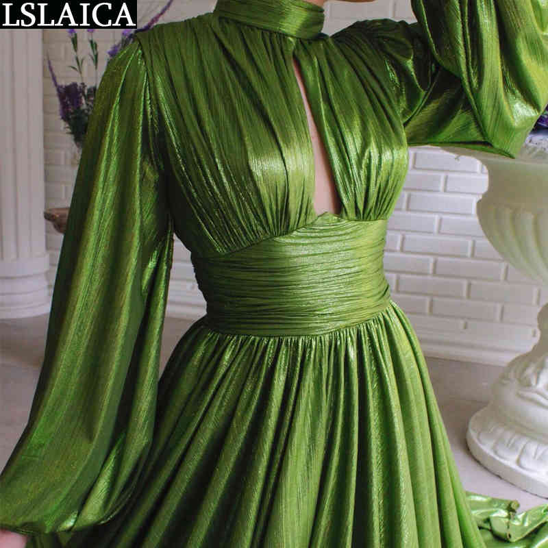 Elegant Party Sexy Dress Turtleneck Green Slim Big Swing Maxi Long Sleeve Evening Clubwear Women Draped Robe Longue 210515