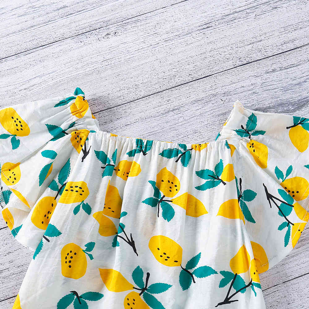 Fashion Square Neck Lemon Print Dress For Girl Children Clothing Summer Cute Flying Sleeve 210515