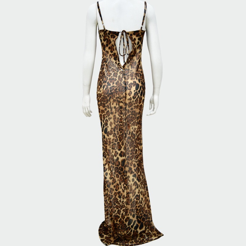 Sexy Asymmetrical Collar Backless Leopard Sling Dress Woman Vintage Spaghetti Strap Bodycon Floor Length Party 210429