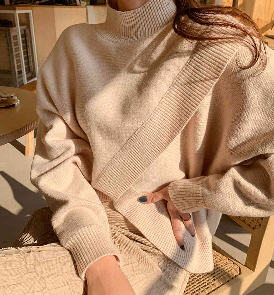 Autumn Winter Outwear Sweater Tops Vintage OL Loose Knitwear Pullovers Long Sleeve High Collar Knitted Sweaters 210515