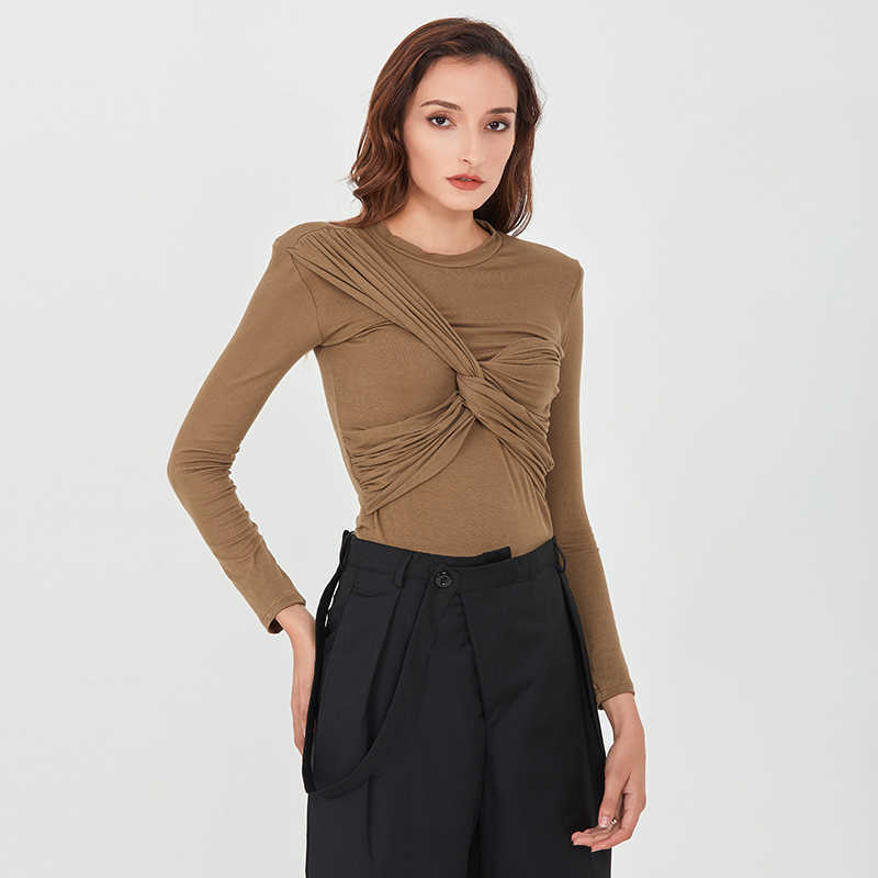 Black T-Shirt: Slim Long Sleeve Ruched Sexy Solid Top For Women