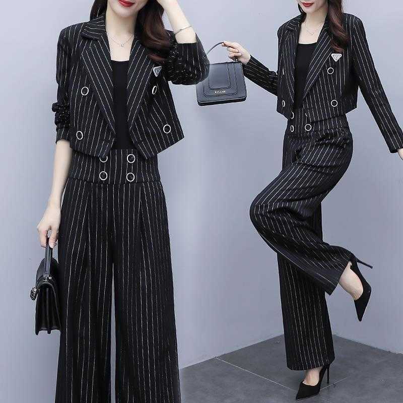 Fashion Vintage Casual Blazer Women's Office Slim Jacket Stripe High Waist Wide Leg Pants Suit 2 Piece Sets Female harajuku 210930