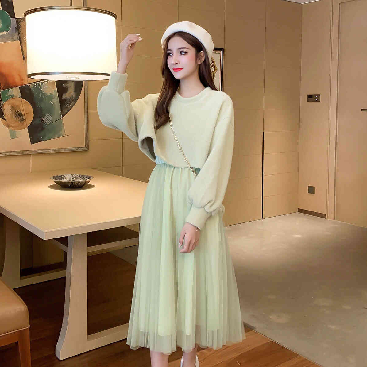 Spring Female O-neck Lantern Sleeve Knit Blouses + Strap Fairy Mesh A-line Dress With Bag Two-piece Sets Women Suits 210515