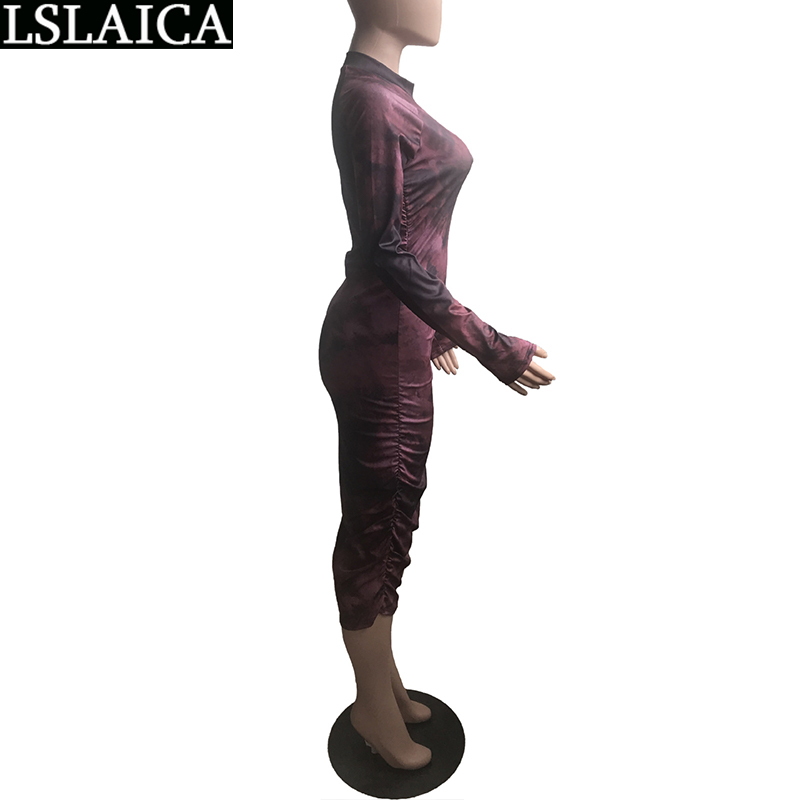 Fashion Vintage Dress Printing Casual Skinny Autumn Sale Long Sleeve Party Ruched O Neck Mid Calf Vestiti Donna 210515