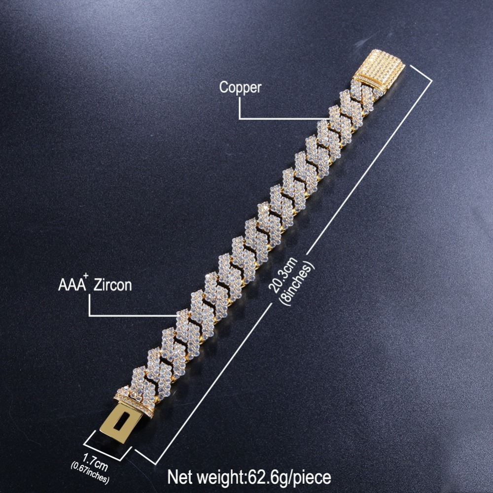 New Hip Hop Fashion Jewelry 17mm Prong Cubans Link Chain Necklace Micro Paved Cubic Zirconia Choker Bracelet for Men Copper CZ Rock Punk Party Gift