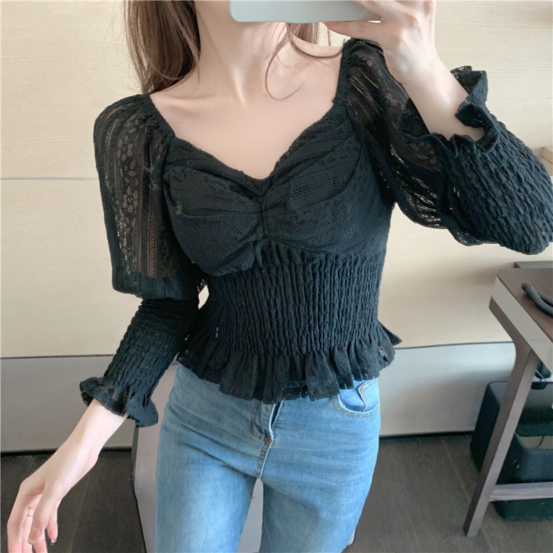 Women Long Sleeve Lace Shirt Square Collar Hollow Out Ruffled Tops Fashion Blouses Ropa Mujer 12966 210427