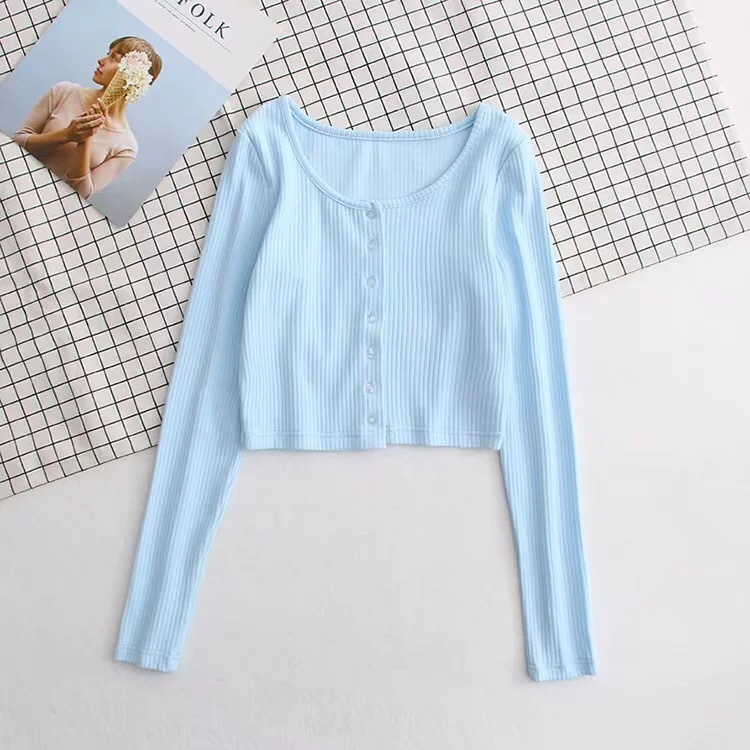 90's Vintage O neck Long Sleeve Tee Base T-shirts Cool Girl Single-breasted Button Short T-shirt crop top white 4 colors 210429
